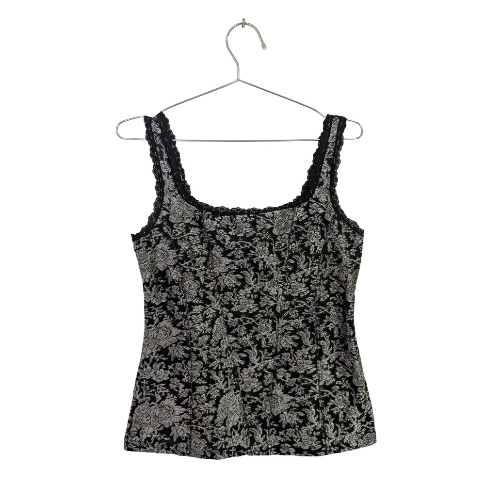 Vintage Y2K Cache Faux Corset Tank Top Whimsigoth Witchy Boho Floral Black M